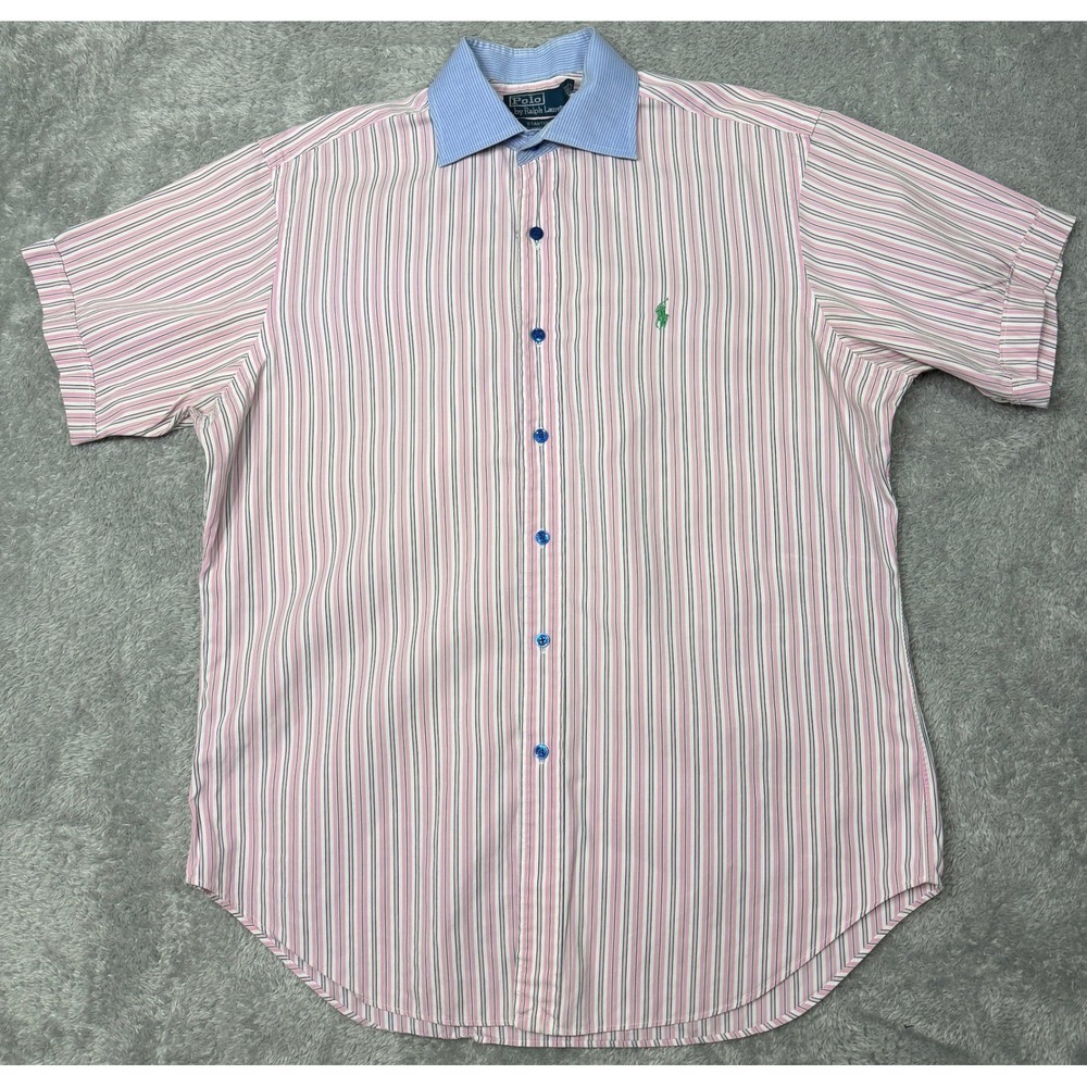 Polo Ralph Lauren Shirt Mens L Pink Stripe Stanton Classic Fit Short Sleeve Pony